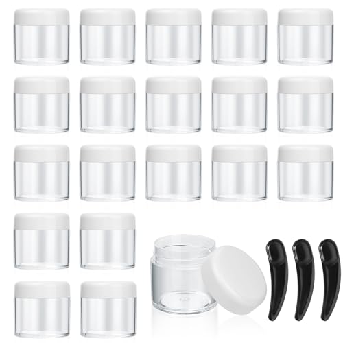 20 Piezas Tarros de Plástico, 40ml Contenedores Cosmético de Viaje, Envases de Vacío Transparente con Tapas para Cosmética Crema Muestra, con 3 Mini Espátulas (Blanco)