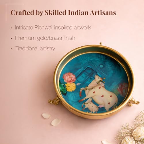 Image of Pichwai Art Kamadhenu Urli Bowl with Elephant Base | 10-Inch Decorative Metal Urli for Floating Flowers, Diya & Candle | Brass Finish Home Decor for Diwali, Pooja, & Table Centerpiece