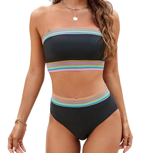 Women Bikini Two Piece Bandeau Swimsuits High Waisted Strapless Bathing Suit Color Block Tummy Control Swim Suits