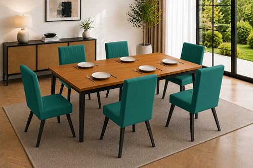Image of Rosebell 6 Seater Dining Table Set with Cushioned Chairs | Modern Dining Table for Home, Dining Room & Kitchen | Black Metal Legs | Green