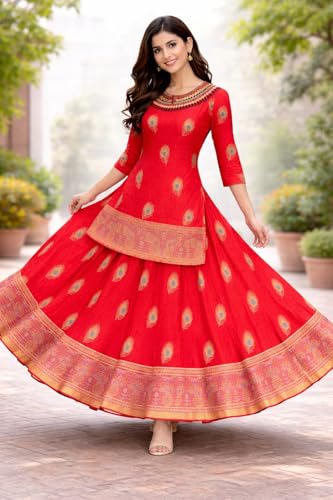 Image of Women's Red Kurti with Skirt Set, Peacock Feather Print, Embellished Neckline, Ethnic Wear