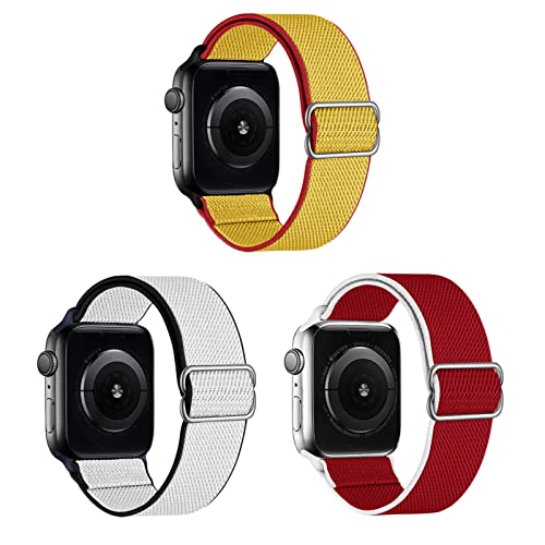 Sokuci Stretchy Solo Loop Bands Compatible with Apple Watch Band 38mm 40mm 41mm, Adjustable Nylon Braided Elastics Weave Women Men for iWatch Series7/6/5/4/3/2/1 SE (White/Yellow/Red), 3 Packs