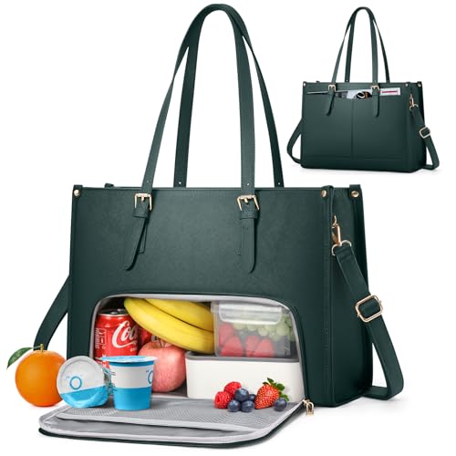 RAINSMORE Laptop Bags for Women with Insulated Leakproof Lunch Compartment 15.6 Inch Laptop Tote Work Bag PU Leather Ladies Handbag for Business Nurse Office Collage Casual