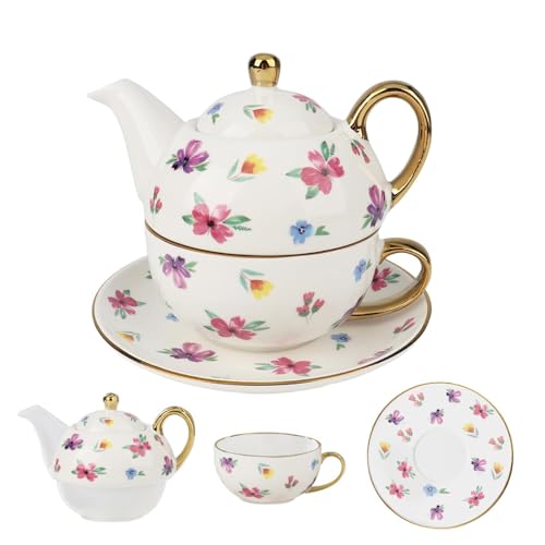 Nzkeuf Tea for One Set Teapot Tea Cup & Saucer in Vintage Floral with Gold-Plated Accents Fine Porcelain/Ceramic Tea Service for Women Gift for Her Ideal for Afternoon Tea Mothers Day