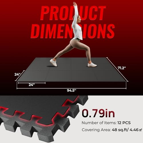 Image of SUPERJARE 0.79'' Extra-Thick Exercise Equipment Mats, 12 Pcs 48 Sq Ft Rubber Top Floor Tiles with High Density EVA Foam, Interlocking Gym Flooring for Home Gym, Workout Mat, Black