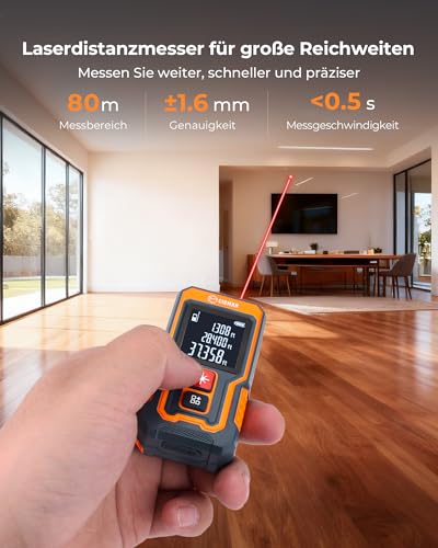 80 m Laser-Entfernungsmesser, CIGMAN Digitales Lasermessgerät mit hoher Genauigkeit, Mini Lasermessgerät mit wiederaufladbarer Batterie und LCD zur Messung von Entfernung/Fläche/Volumen/Pythagoras