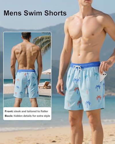 Image of Mens Swim Trunks with Compression Liner 2 in 1 Quick Dry Swimming Shorts Swimwear Bathing Suits with Pockets, B Mix Coconut Tree, M