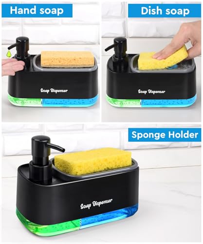 Image of 5-in-1 Kitchen Soap Dispenser Set with Sponge Holder - Dual Hand & Dish Soap Pump Dispenser for Sink Countertop with 2-Packs Natural Loofah Dish Sponge Dishwashing Scrubber,Black