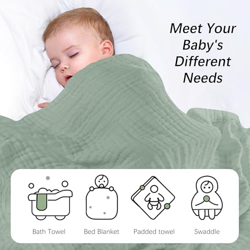 Image of SWEET DOLPHIN Muslin Baby Bath Towels Blanket - 2 Pack 100% Cotton Towel for Babies, Infants, Toddlers - 40x40Inch - Highly Absorbent, Green and Grey