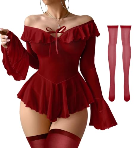 Image of Foxiny Sheer Ruffle Long Sleeve Babydoll Lingerie Dress | Off-shoulder neckline, flared cuffs and a flounce hem add movement; thong and thigh-high stockings complete the 3-piece set