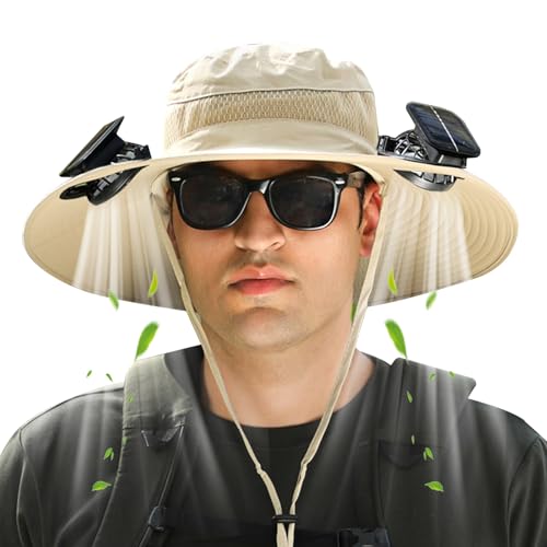 Solar Fan Hat for Men Women UPF 50+ Sun Hat with Fan USB Charging Fishing Hats with 2 Solar Fan Built in Breathable Bucket Fan Hat for Outdoor Hiking Camping Beach Khaki