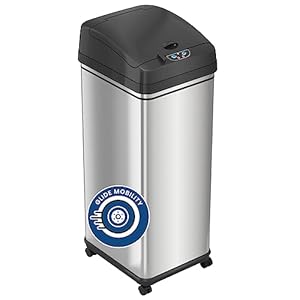 iTouchless Rolling 13 Gallon Sensor Trash Can with Wheels and Odor Control System, Stainless Steel, Automatic Kitchen Bin and Office Garbage, Batteries (not included) or AC Adapter (sold separately)