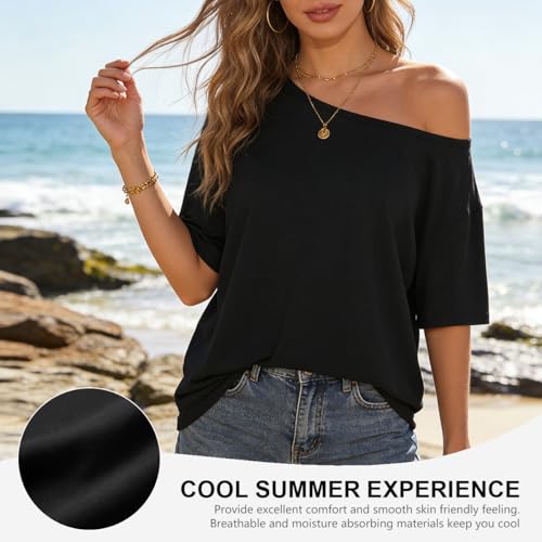 Image of SANNIDHI Women's Off Shoulder Oversized T Shirt, Breathable Lightweight Polyester Silk Loose Batwing Sleeve Summer Top for Casual Daily Wear-L