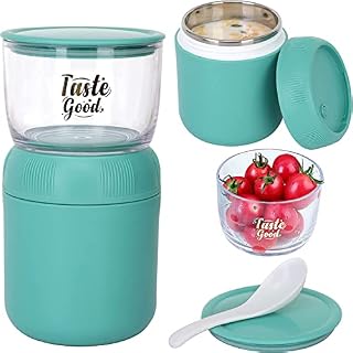 ADLOASHLOU Insulated Food Jar with Topping Cereal or Overnight Oats Container, Portable Leak-Proof Yogurt Parfait Cups with Lids and Spoon, Breakfast Lunch Bento Box for School Office Travel (Green)
