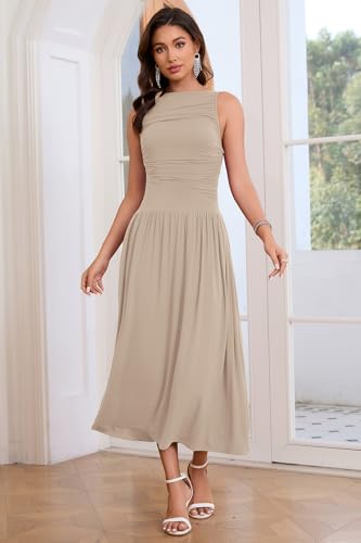 Image of Womens Summer Casual Midi Maxi Dress 2026 Sleeveless Ruched A Line Flowy Cocktail Wedding Guest Beach Long Sundress