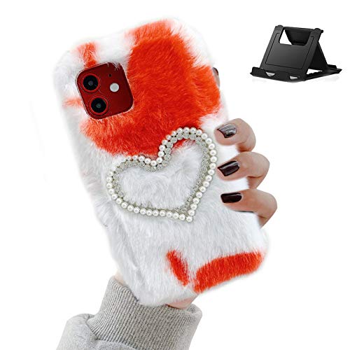 Shinyzone Plush Case Compatible with TCL T-Mobile Revvl 4 Plus 6.52" Fluffy Furry Case Cover,Faux Rabbit Bunny Fur Warm Winter Soft Silicone with Diamond Pearls 3D Handmade Phone Case,Red