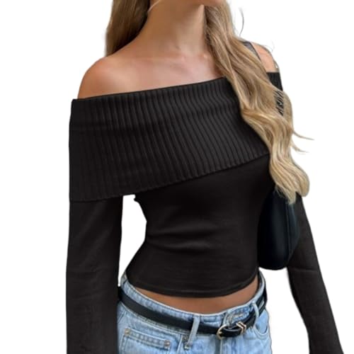 Off The Shoulder Sweater for Women Y2K Long Sleeve Ribbed Knit Fitted Pullover Fall Winter Date Tops Blouse