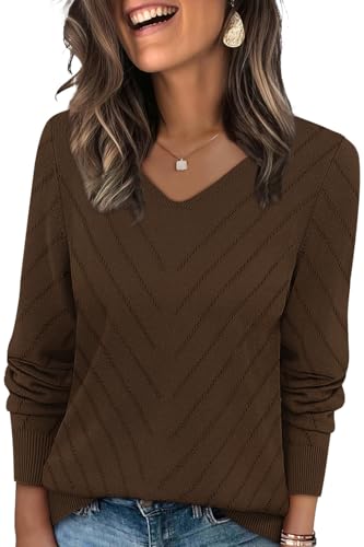 WIHOLL Long Sleeve Shirts for Women Casual Chocolate Brown Fall Clothes Lightweight Sweaters V Neck Business Casual Tops Soft Knit Pullover Fashion Outfits 2025 S