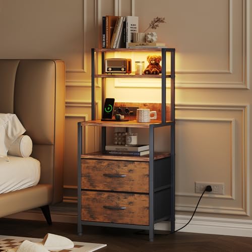 CAIYUN Mesita de Noche Alta con 4 estantes, 2 cajones de Tela PU y Tira de luz LED, mesitas de Noche con estación de Carga, mesita de Noche para Dormitorio, Oficina, marrón rústico