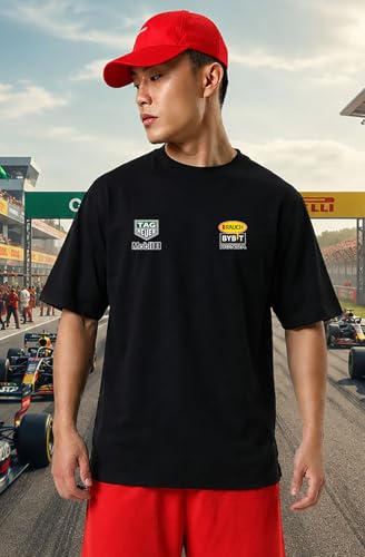 Image of Khakey Men's F1 Racing Graphic Printed Black T-Shirt | Formula 1 Back Print Drop Shoulder Tee | Motorsports Car Print Tshirt for Men & Women | Cotton Streetwear Tee's | Unisex Fit