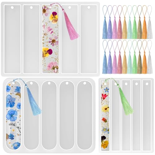 TLAZZ Set of 3 Bookmarks Silicone Mold Small Medium Rectangle Bookmark Resin Mold Kit with 20 Pcs Tassels for DIY Epoxy Resin Casting Crafts Making Supplies
