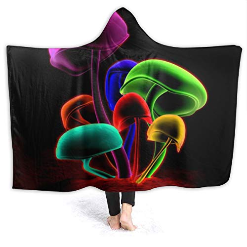 Mens Womens Wearable Blanket, Colorful Trippy Mushroom Neon Psychedelic Shroom Glow Hooded Blanket, Breathable Autumn Hooded Cloak Cape for Bed, Better Sleep, 80 x 60 inch