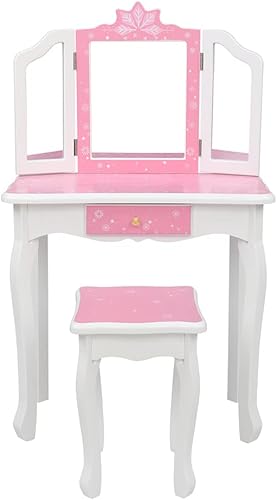 Miniatura 6 de Juego de tocador con espejo y taburete para niñas, tocador de maquillaje con cajón, mesa de tocador de princesa para niñas (estilo copo de nieve