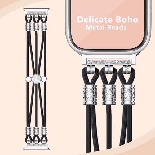 Omnillert Bracelet Band Beaded Compatible for Apple Watch 38mm 40mm 41mm Women 44 42 45mm, Black Cute Boho Watch Band Braided Nylon Elastic Stretchy Silver Charms iWatch Series 9 8 7 6 5 4 3 SE Strap