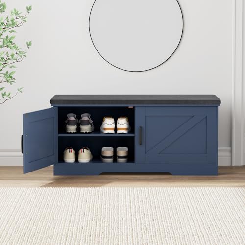 Image of HOMSHO Farmhouse Shoe Storage Bench with 2 Barn Doors & Padded Seat Cushion | 39.4 inch Wide Entryway Bench with Adjustable Shelves & Hidden Storage, Blue