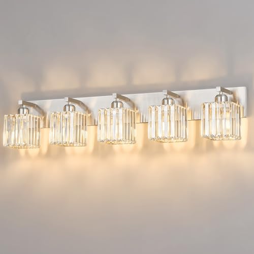 FDPBY Modern Vanity Light 5-Lights Brushed Nickel Vanity Light Crystal