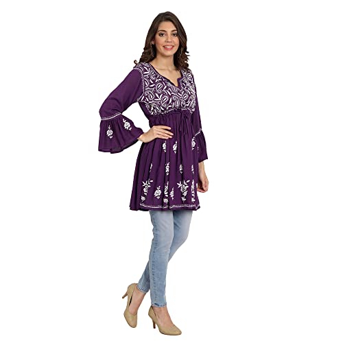 Image of indiankala4u Lucknow Chikankari Hand Embroidered Fit and Flared Top, Short Kurti for Women, Modal Cotton