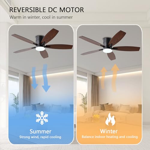 Image of Ayaoty Ceiling Fans with Lights, 52 inch Low Profile Indoor Ceiling Fan with Light and Remote Control, Dimmable, Noiseless, Reversible, Brown Ceiling Fan for Bedroom, Indoor /Outdoor Use