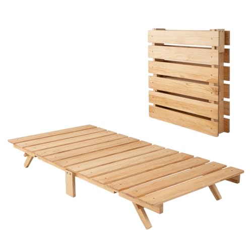 EMOOR Foldable Wood Slatted Floor Bed Frame OSMOS Twin Solid Pine (Earth-Natural), Easy Assembly Space Saving Storable Floor Life Tatami