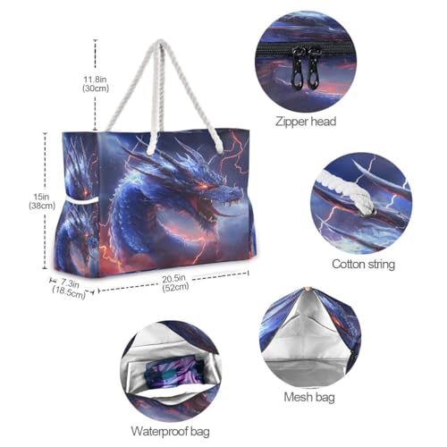 Large Beach Bags Totes Canvas Tote Shoulder Bag Blue Dragon Water Resistant Bags for Gym Travel Daily4