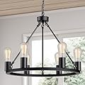 L LOHAS LED Black Farmhouse Chandeliers for Dining Room, 6-Light Wagon Wheel Chandelier Over Table, Height Adjustable, 19" Dining Room Light Fixtures, Modern Chandelier for Kitchen Island Living Room