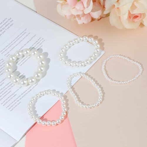 5 Pcs White Pearl Bracelets for Women, White Stretch Bridesmaid Pearl Bracelets Bridal Wedding Elastic Bracelets Stackable Faux Pearl Bracelets for Lady Pearl Beaded Bracelets2