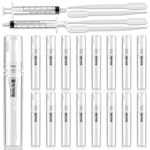 16 Pcs 3ml Mini Spray Bottles with 6 Accessories (4 Plastic Droppers + 2 Syringes) - Refillable Travel Perfume Bottles, Small Empty Atomizer for Essential Oils, Fine Mist Portable Perfume Sample Kit