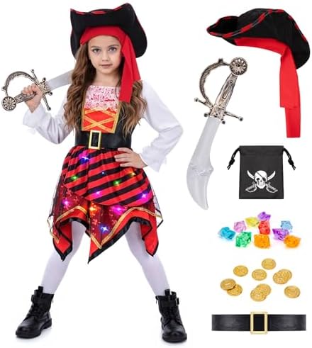 MELAND Girls Pirate Costume, Light Up Fancy Dress for Kids Aged 3-10