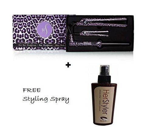 NIB Herstyler Purple Leopard Ceramic Flat Iron Hair Straightener, Mini Straightener & Baby Curls Grande Set w/ Free Styling Spray