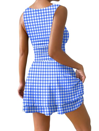 Image of IWD Women's Square Neck Sleeveless Mini Dress Ruched Waist Tiered Ruffle Hem A Line Short Dresses