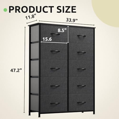 GOOBED 10 Drawer Dresser - Fabric Storage Tower, Organizer Unit for Living Room, Hallway, Closets - Sturdy Steel Frame, Wooden Top & Easy Pull Fabric Bins
