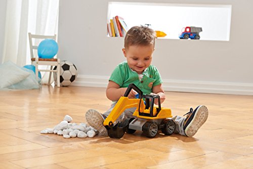 Lena 04411 Truxx Bagger, Baustellenfahrzeug ca. 44 cm, robuster Schaufelbagger mit beweglichem Baggerarm und vollbeweglicher Spielfigur, Sandbagger für Kinder ab 2 Jahre, Spielfahrzeug in gelb