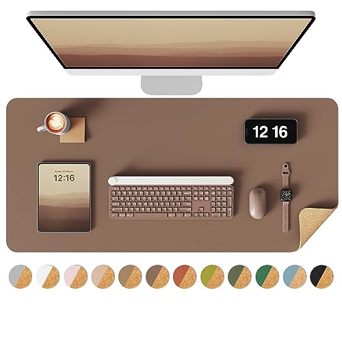 YSAGi Double-Sided Desk Pad, 31.5'x15.7'Leather Desk Mat, Eco Cork Desk Pad Protector,Large Mouse Pad,Waterproof Desk Blotter for Office/Home(Coffee)