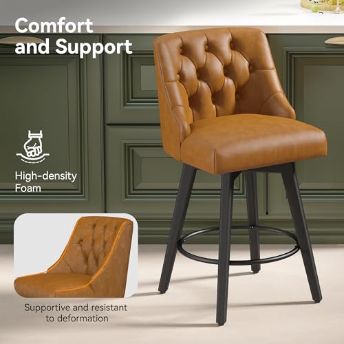 Image of Counter Height Swivel Bar Stools Set of 2, 26 inch H Seat Height Upholstered Fabric Counter Stools with Back for Kitchen Island, Faux Leather in Rustic Brown