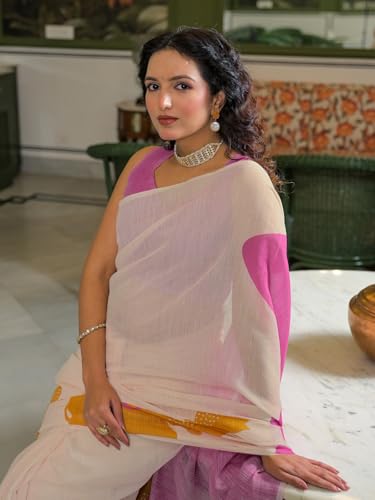 Image of SIRIL Women's Cotton Linen Printed Zari Border Saree with Unstitched Blouse Piece