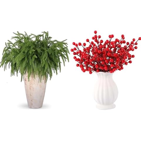 Rowfad 24 Pcs Christmas Norfolk Pine Branches with 40 Pcs Artificial Red Berry Stems for Christmas Tree Wreath DIY Craft Decorations Holiday Home Decor Cover
