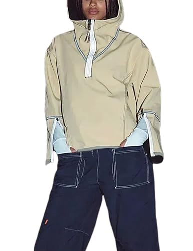Yeokou Womens Windbreaker Jacket Outdoors Hiking Reflective Striping Hooded Half Zip Pullover Contrast Pocketed Outerwear