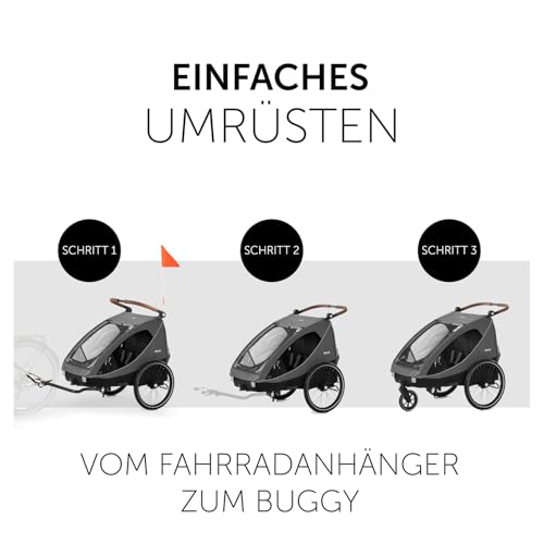 hauck Dryk Duo, Melange Grey - 2in1 Fahrradanhänger & Kinderwagen für 2 Kinder ab 6 Monaten bis 22 kg/120 cm/4 Jahre, für Zwillinge & Geschwister, Faltbar, XL Stauraum, für Fahrrad, E-Bike & Pedelec