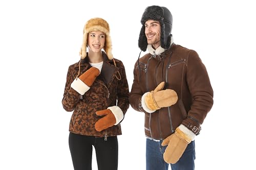Zavelio Unisex Shearling Sheepskin Leather Aviator Russian Ushanka Trapper Winter Fur Hat Small Black - Thumbnail 5