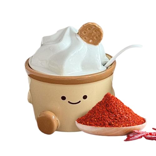 Cuenco de sal – Bonito cuenco de cerámica con tapa y cuchara, bodega de sal de cerámica, para el hogar, comedor, cocina, hornear, bar, estación de café, baño, picnic, mesa, condimento de campamento al